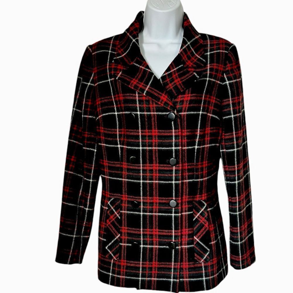 CABI Women's Manhattan Tartan Double-Breasted Wool Blend Academia Peacoat size 8